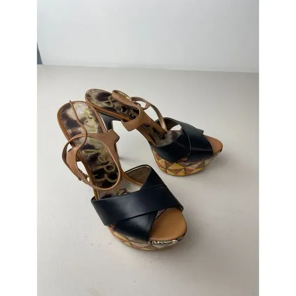 NWOB Sam Edelman Boho Woven Platform Sandals – Black & Tan Strappy Heels 6M - Picture 5 of 7
